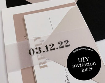 Neutral Modern Wedding Invitation Template, Taupe Invitation Set, Printable Black and Beige Wedding Invitation Set with Belly Band
