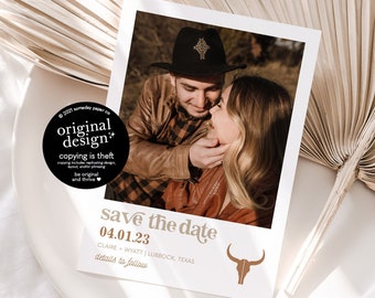 Western Save the Date Vorlage, druckbare Longhorn Save Our Date, Boho Wüsten Cowboy Hochzeit, Country Save the Date Karten mit Foto