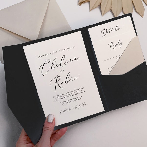 printable wedding invitation templates, DIY pocket minimalist invite set with QR code RSVP, customizable belly band, black and white