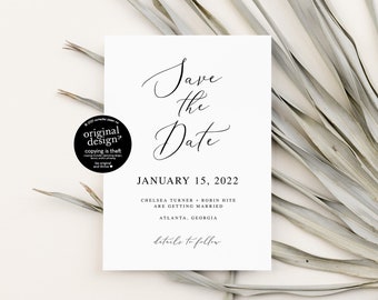 simple modern save the date template, printable black and white minimalist save our date card, elegant save the date no photo, downloadable