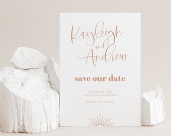 Printable save the date, boho wedding announcement template, sunrise wedding, sunset wedding, dusty orange save the date