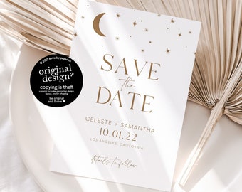 celestial save the date template, printable minimalist moon and stars save our date card, simple boho lunar wedding, digital download