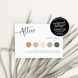 wedding attire card template with color palette, guest dress code insert card, editable wedding moodboard for guests, dress color colors