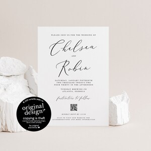 May include: A white wedding invitation with black text announcing the wedding of Chelsea and Robin. The invitation includes the date, time, and location of the wedding, as well as a QR code for guests to RSVP.