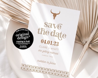 longhorn save the date template, printable western save our date, rustic desert country wedding, cowboy save the date cards, pdf download