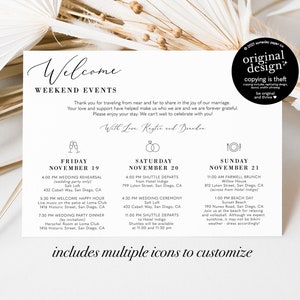 May include: A white wedding weekend schedule card with black text. The card lists events for Friday, Saturday, and Sunday, including a wedding rehearsal, welcome party, wedding ceremony, and farewell brunch. The card also includes the text "Welcome Weekend Events" and "With Love, Kagtis and Brenda".