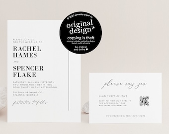 Modern wedding invitation template with QR code RSVP card, typography invitation set, reception party, black and white, printable download