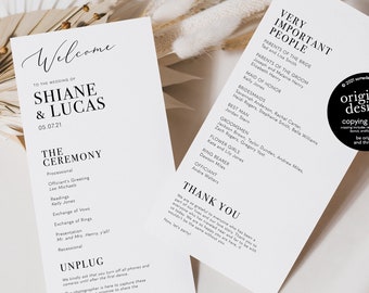 minimalist wedding program template, printable modern order of ceremony, simple black and white, bridal party list, instant download