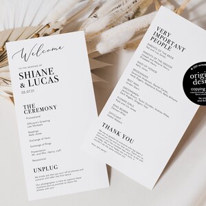 May include: A minimalist wedding ceremony program with black text on white paper. The program includes the names "Shiane & Lucas" and the date "05.07.21". The program also includes a list of the ceremony events and a section titled "Unplug".