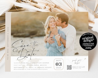 destination wedding save the date, boarding pass with photo, travel themed save our date cards, printable wedding passport ticket download