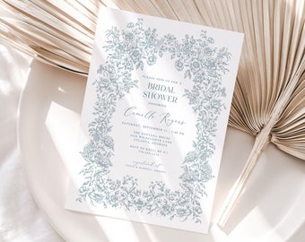 Romantic Blue Floral Bridal Shower Invitation Template, Regency Era Wedding Shower, French Toile Baby Shower Invite, Instant Download, 25-1
