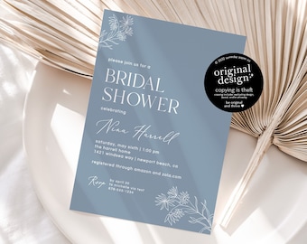 dusty blue bridal shower invitation template, printable blue boho baby shower invite, instant download, modern floral, wildflowers