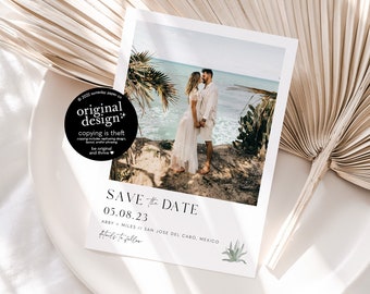 agave save the date template, printable desert save the date cards, Mexico destination wedding announcement, modern beachy, digital download