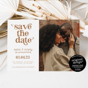 printable retro save the date with photo, boho save our date template, burnt orange celestial, 70s wedding announcement, instant download