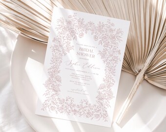 French Rose Bridal Shower Invitation Template, Dusty Rose Floral Baby Shower Invite, Pink Chinoiserie Invite, Vintage Floral, 25-3