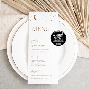 hemelse menusjabloon, afdrukbaar sterren- en maanhuwelijksmenu, sterrenbeeldfeestmenu, maandinerviering, minimalistische magische boho