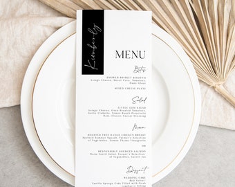 personalized wedding menu template, printable place card menu combo, modern wedding black and white, customizable dinner menu download