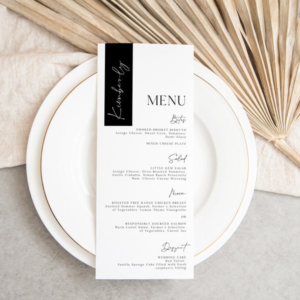 modèle de menu de mariage personnalisé, combo de menus imprimables sous forme de marque-place, mariage moderne en noir et blanc, menu personnalisable à télécharger