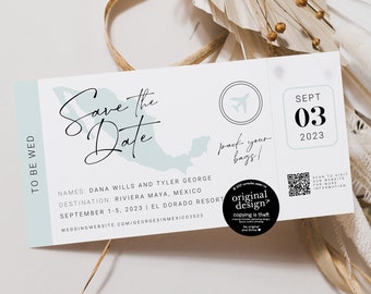 Mexico save the date template, printable boarding pass invitation, travel destination wedding save our date, pack your bags, travel wedding