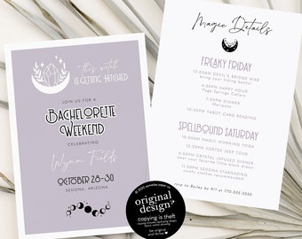 witchy bachelorette party invitation, this witch is getting hitched, printable celestial bachelorette, magic bride weekend itinerary