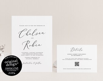 modern wedding invitation set with QR code rsvp card, printable black and white simple wedding invite template, editable digital download