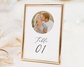 editable wedding table numbers, printable circle photo table cards for reception, 4x6 and 5x7, minimalist template, table number cards