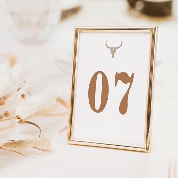 printable western wedding table numbers, longhorn table number cards, 5x7, 4x6, boho rustic desert table numbers, instant download pdf