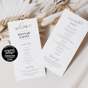 modern wedding program template, printable order of ceremony card, minimalist digital wedding program, simple editable download