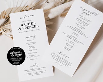 printable wedding ceremony program template, minimalist black and white, order of ceremony, unplugged, very important people, thank you