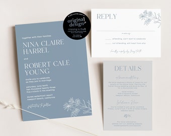 dusty blue wedding invitation set, printable slate blue and grey wedding invitation template, modern wildflower, editable instant download