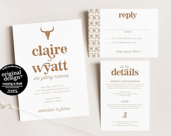 western wedding invitation template, printable cowboy reception invite set, modern rustic longhorn wedding, desert invitations download