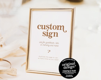 retro custom wedding sign template, printable boho guestbook sign, gifts and cards, 8x10 editable pdf download, 70s theme bar signage