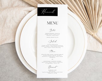 all in one wedding menu with name card, printable romantic dinner menu template, black and white, modern place cards, instant download