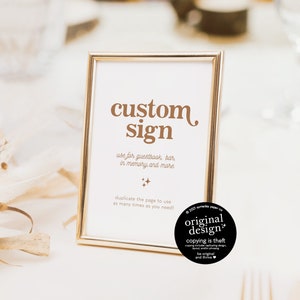 retro custom wedding sign template, printable boho guestbook sign, gifts and cards, 8x10 editable pdf download, 70s theme bar signage