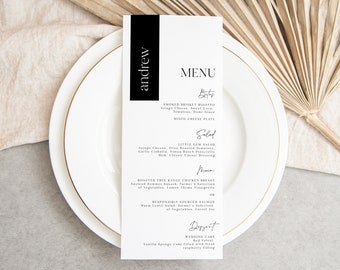 wedding menu place card combo, printable personalized all-in-one dinner menu template, modern dinner black tie reception, instant download
