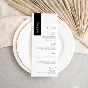 wedding menu place card combo, printable personalized all-in-one dinner menu template, modern dinner black tie reception, instant download
