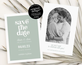 sage green save the date with photo, printable retro save the dates, editable boho wedding template, green 70s save our date download