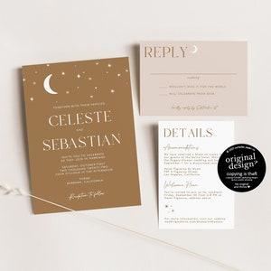 celestial wedding invitation template, printable boho moon and stars reception, terracotta dusty orange invite set, minimalist space wedding