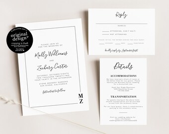 modern wedding invitation set, printable minimalist reception invite template, with RSVP and details card, simple black and white, download