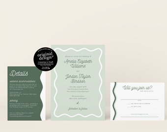 wavy wedding invitation set, printable customizable sage green invite and rsvp template, editable modern retro colorful wedding