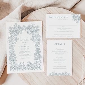Dusty Blue Vintage Floral Wedding Invitation Suite, French Toile Invitation Template, Printable Elegant Chinoiserie Wedding Invite Set
