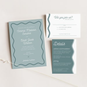wavy blue wedding invitation template, printable retro eclectic dusty blue wedding invite set, boho scallop invitation, instant download