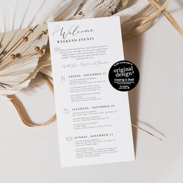 editable wedding timeline template, printable weekend schedule of events, wedding welcome note itinerary, instant download