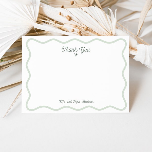 customizable wavy thank you card template, printable green wave personalized notecard, stationery from the newlyweds, retro shower thank you