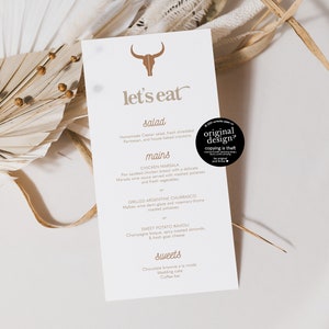 Western Hochzeit Menü, druckbare Longhorn Menü Vorlage, Boho rustikale Dinner Karten, staubiges orange Cowboy Menü, editierbar sofortiger Download