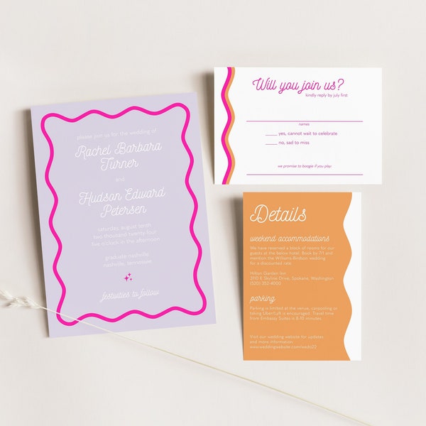 bright colorful wedding invitation template set, customizable funky wavy invitation, neon wedding invite with rsvp card, printable diy