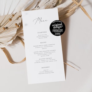 modèle de menu de mariage minimaliste, menu de réception élégant, carte de menu de dîner romantique imprimable, personnalisable en noir et blanc, téléchargeable
