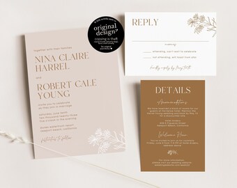 modern boho wedding invitation template, printable blush and terracotta wedding set, rsvp and details insert, minimalist wildflower download