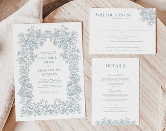 Dusty Blue Vintage Floral Wedding Invitation Suite, French Toile Invitation Template, Printable Elegant Chinoiserie Wedding Invite Set
