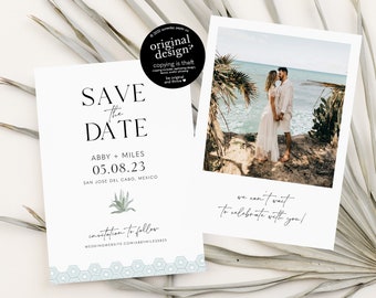 mexico save the date template, printable agave save the date cards, cabo san lucas destination wedding announcement, blue tile, download
